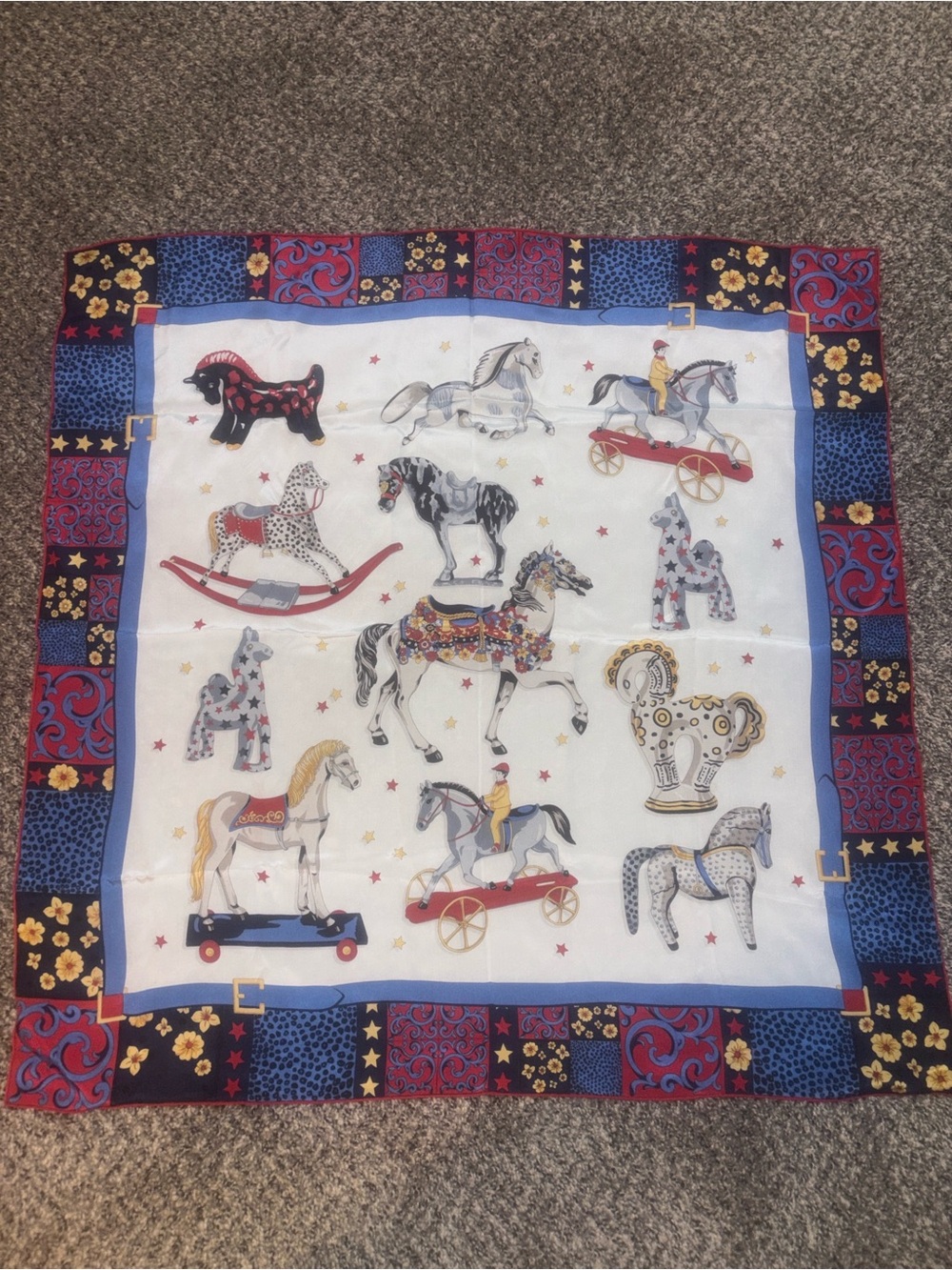 Vintage 100% Silk Longchamp Equestrian Carousel Print Bandana Scarf